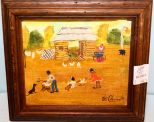 American Folk Art Painting of African American Family at Work Signed Pati Clements
