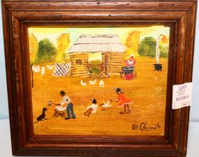 American Folk Art Painting of African American Family at Work Signed Pati Clements