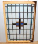 Antique Prairie School Style Blue and Gold Geometric Stained Leaded Glass Window