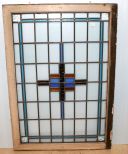 Antique Prairie School Style Blue and Gold Geometric Stained Leaded Glass Window