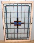 Antique Prairie School Style Blue and Gold Geometric Stained Leaded Glass Window