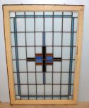 Antique Prairie School Style Blue and Gold Geometric Stained Leaded Glass Window