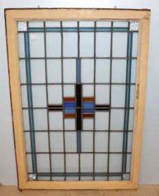 Antique Prairie School Style Blue and Gold Geometric Stained Leaded Glass Window