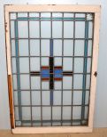 Antique Prairie School Style Blue and Gold Geometric Stained Leaded Glass Window