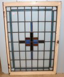 Antique Prairie School Style Blue and Gold Geometric Stain, Leaded Glass Window