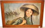Oil Painting of Young Chinese Girl with Basket