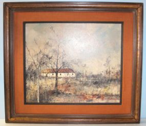 Oil on Canvas of Old House in Woods at Winter Time by P. Girard