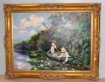 Large Oil Painting of Young Ladies in Boat