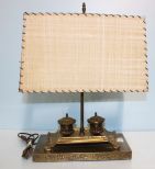 Highly Decorative Brass Inkwell/ Lamp with 50's Shade