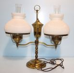 Double Arm Brass Student Lamp with Milk Glass Shades
