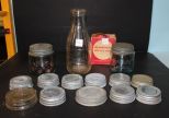 Group of Zinc Lids, Two Jars, Clearfield Dairy Company Milk Bottle, Box of Bottle Caps