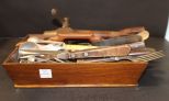 Antique Wood Tray with Various Silverware
