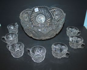 Large Cut Glass Punch Bowl and Seven Punch Cups