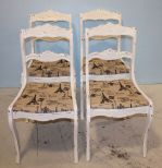 Set of Four Hand Brushed Distressed Painted Rose Carved Back Chairs with Burlap Seats