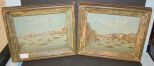 Two Oil on Canvas Paintings of Venetian Harbor Signed Bruni M.