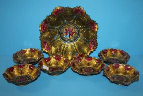Antique Indiana Goofus Glass Red and Gold Carnation Seven Piece Berry Bowl