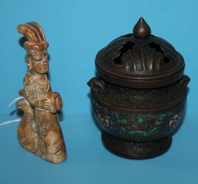 Antique Oriental Bronze Cloisonne Incense Burner and Jade Figurine