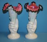 Pair of Fenton Iridescent Black Rose Hand Vases