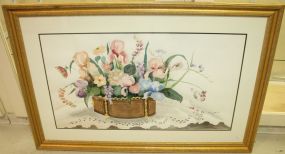 Commissioned Watercolor of 18th Century Planter with Iris Bouquet, Signed S. Manning