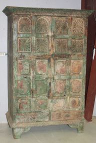 Massive and Elaborately Carved and Stained Green Armoire