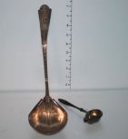 Ornate Engraved Winged Cupid Punch Sterling Ladle, a Beautiful Etched Bowl with Ornate Handle, and a Small Sheffield Strainer