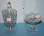 Small Etched Glass Compote along with an Etched Glass Covered Candy Dish