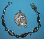 .925 Indian Head Drop, a Texaco .925 Mexican Bracelet with Faux Multi-Colored Pearl Insets