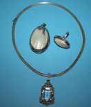 .925 Mexican Ring with Faux Mother of Pearl, a .925 Mexican Drop with Faux Mother of Pearl, and a .925 Italian Necklace with a .925 drop with a Clear Beveled Centerpiece