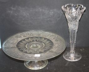 Oatmeal Glass Cake Stand and Cut Glass Vase