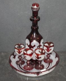 Bohemian Glass Decanter, Four Cordials, and Matching Tray