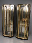 Matching Pair of Lighted Black Lacquer Beveled Glass Display Cabinets
