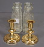 Pair of Brass Candlesticks and Four milk Containers