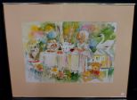 Watercolor of Young Girls and Cat Having Tea Party