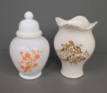 Glass Ginger Jar with Painted Flowers and Porcelain Vase with Painted Birds