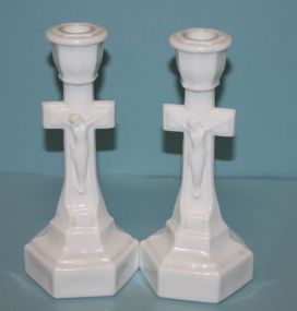 Pair of Milk Glass Religious Design Candlesticks