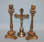 Pair of Ornate Brass Candlestick Holders and a Brass Crucifix