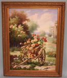 Large Oil Painting of Cart With Flowers, signed K. Costner