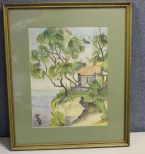 Watercolor of Island Trees and Cabin, signed OMB