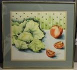 Watercolor of Lettuce and Tomatoes, signed Nan Lynch