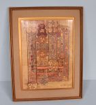 Framed Print, Appears to be Temple Image, Blue and Burgundy Colors