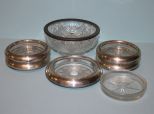 Six Silver Rim Coasters and Pressed Glass Bowls