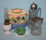 Cookie Jar, Miniature Milk Glass Oil Lamp and Two Pressed Glass Creamers