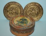 Grennan Metal Cookie Tin and Two Brass Courtship Scene Wall Plaques