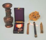 Brass Lock with key, Metal Box, Bronze Vase, and Opera Glass Handle