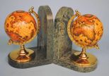 Pair of Green Marble and Miniature World Globe Bookends