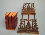 Ornate Brass Bookrack Along With Three Small Leather Books