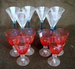 Set of Twelve Glasses, Six Cranberry To Clear and Six Blue To Clear