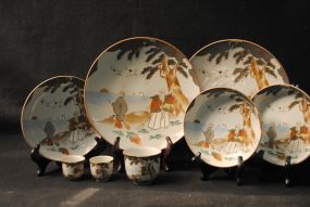 Eight Japanese Bone China Kutani with Gardeners, Tortoises & Cranes