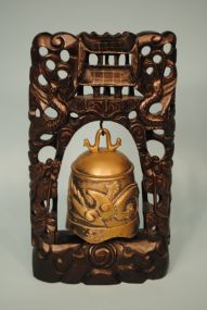 Burmese Archaic Traveling Ceremonial Dragon Bell in Silver Inlaid Teak Stand