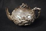 c1875 Chinese Export Sterling Silver Teapot with Cast Dragons